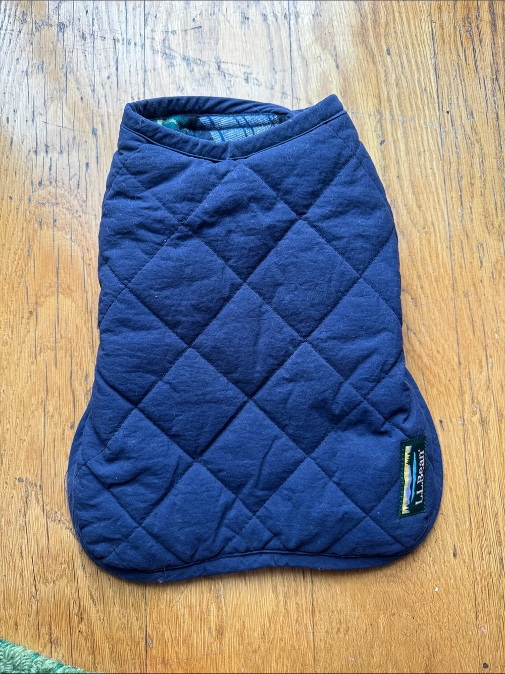 L.L. Bean | Navy Quilted Dog Jacket with Tartan Lining